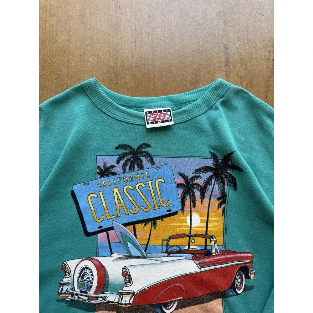 VTG 80s California Classic Cars Racing NASCAR Teal Crewneck Sweater (L) Limit 70